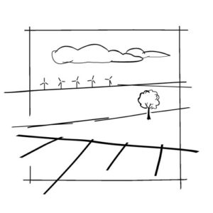 Croquis vectoriels permettant d’illustrer ici une situation-type d’un parc éolien dans le paysage
